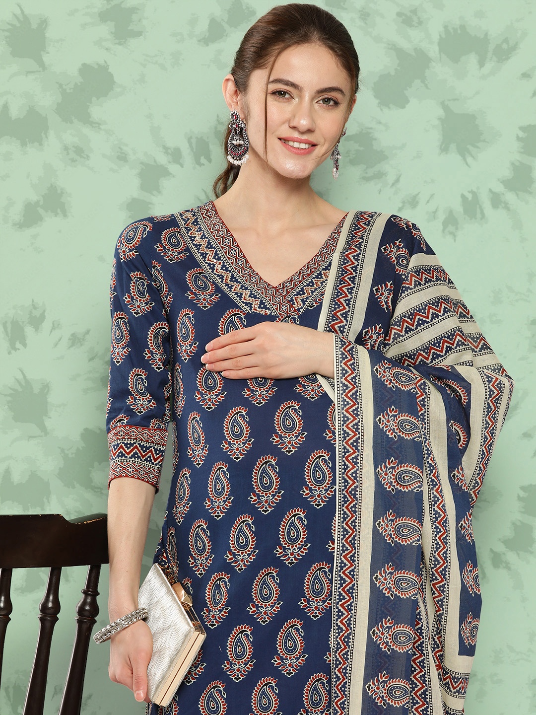 

Yufta Paisley Printed Pure Cotton Kurta With Trousers & With Dupatta, Blue