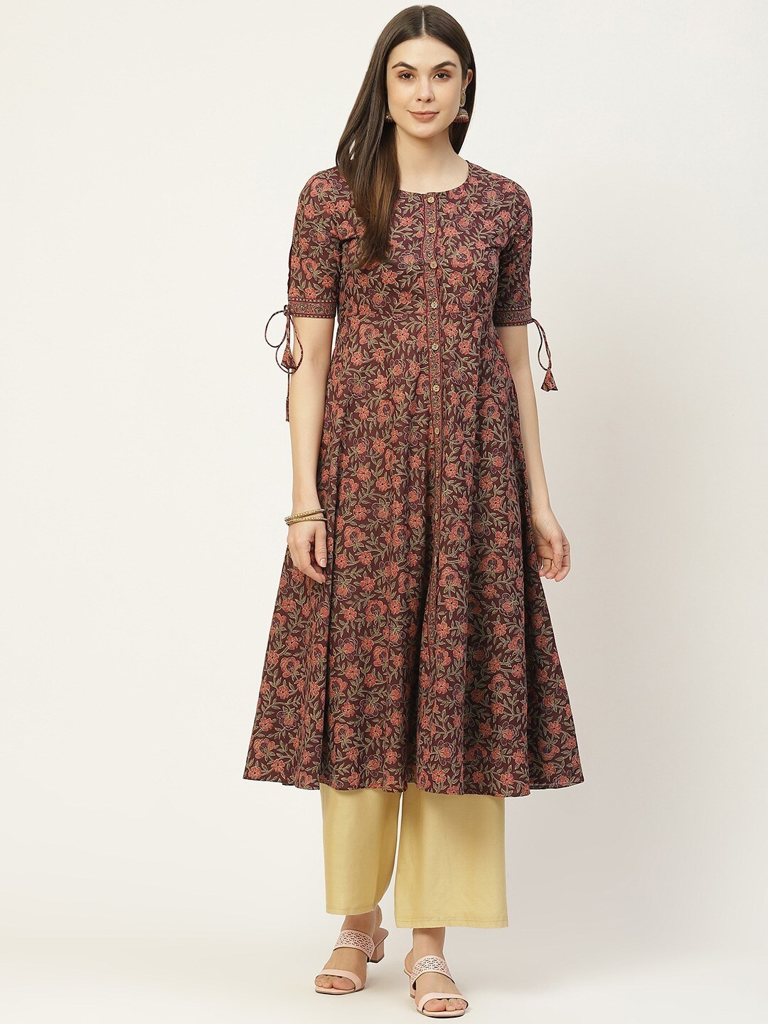 

FABRIC FITOOR Floral Printed Pure Cotton A-Line Kurta, Maroon