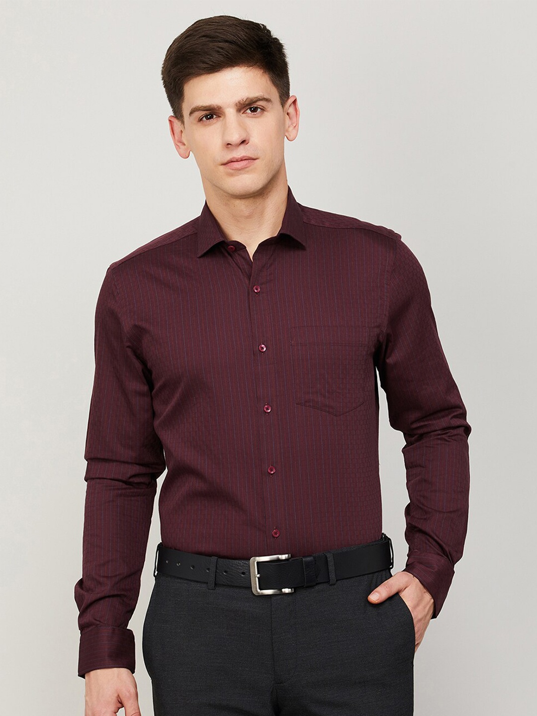 

CODE by Lifestyle Patch Pocket Pinstripes Casual Cotton Shirt, Purple
