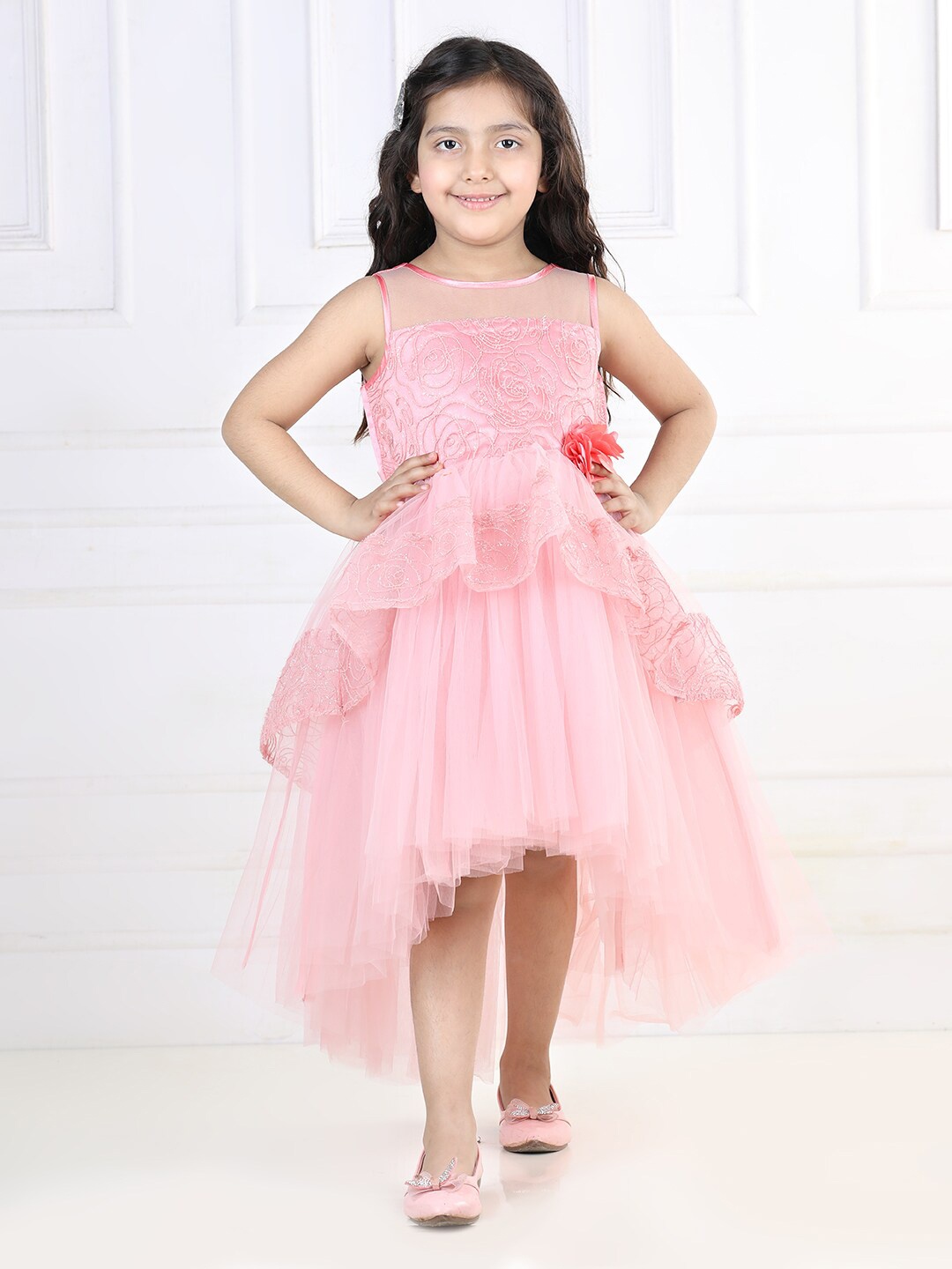 

Toy Balloon kids Girls Layered Net High-Low Fit & Flare Dress, Rose