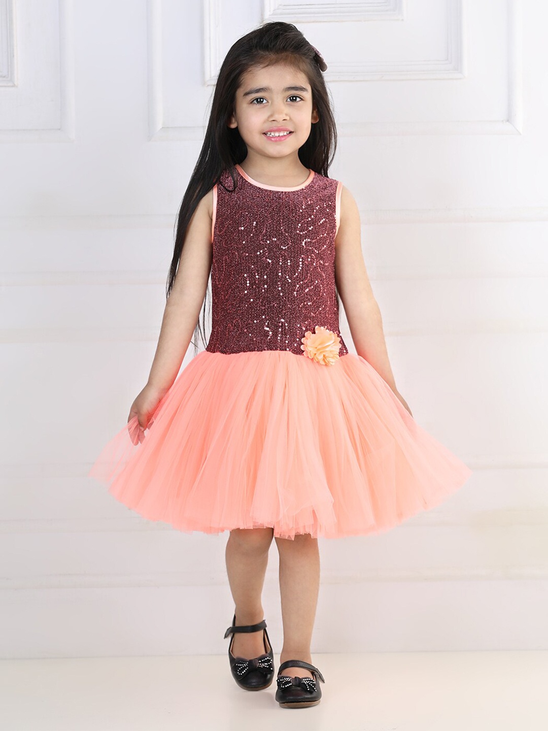 

Toy Balloon kids Girls Sequined Fit & Flare Net Dress, Peach
