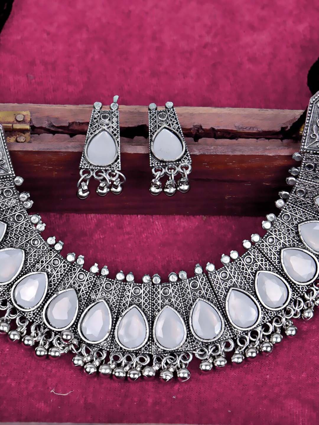 

VAGHBHATT Oxidised Silver-Plated Stone Studed With Ghunghroo Jewellery Set, White