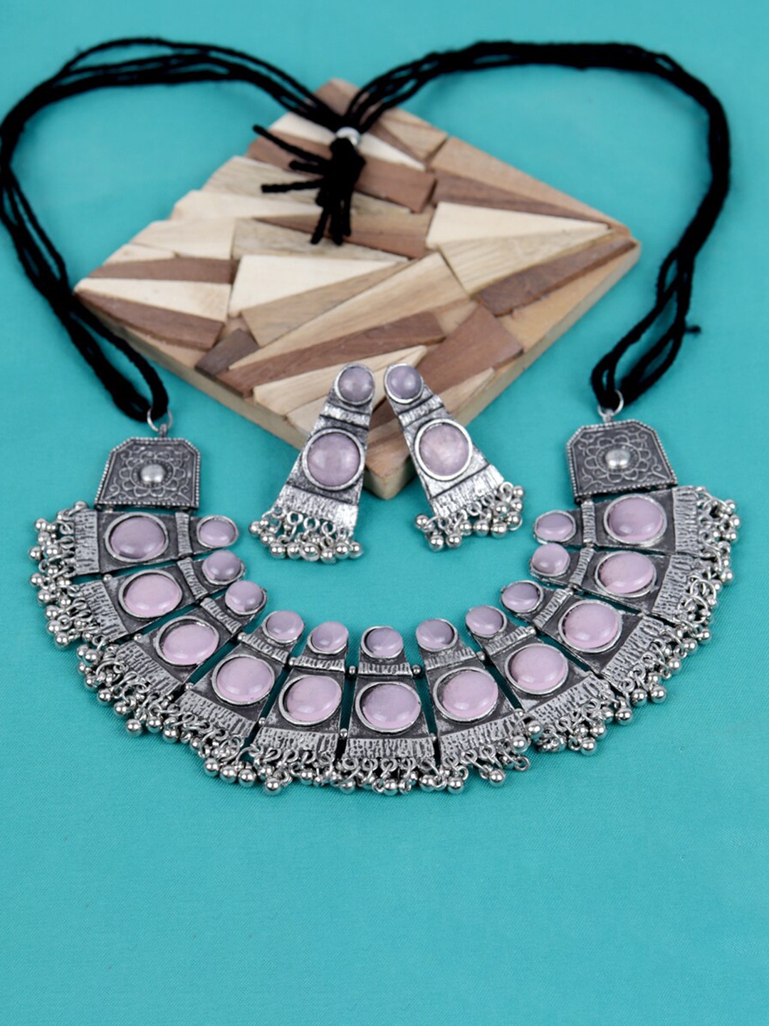 

VAGHBHATT Silver-Plated Stone-Studded & Beaded Oxidised Jewellery Set
