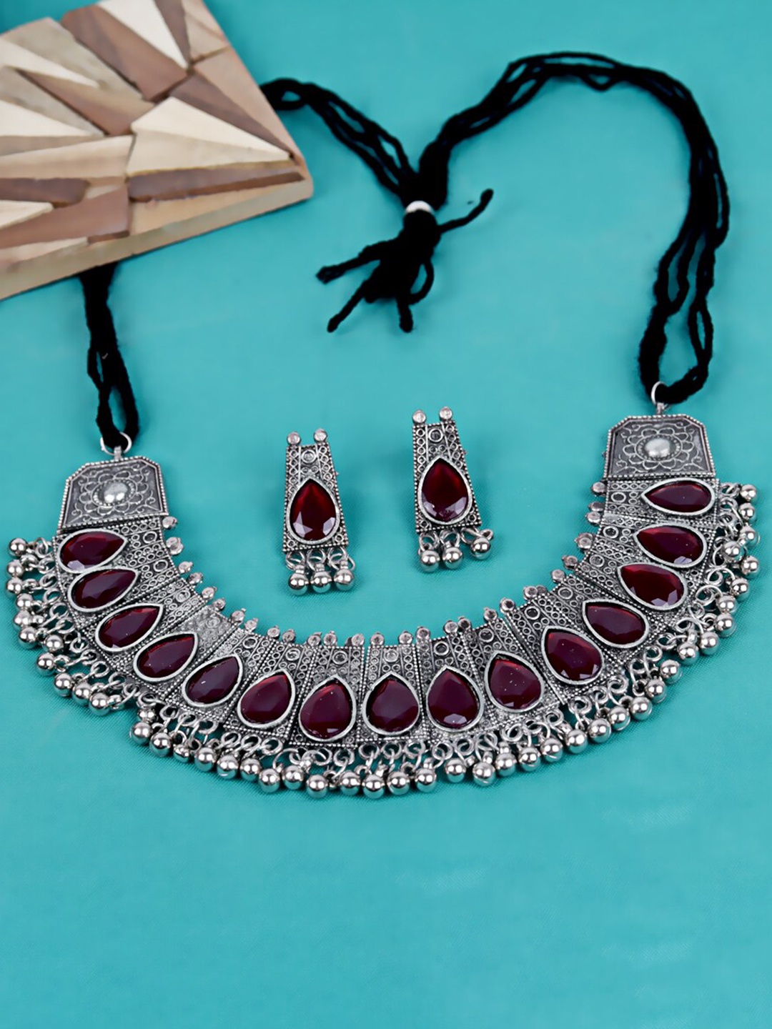 

VAGHBHATT Silver-Plated Stone Studded Oxidised Jewellery Set, Brown