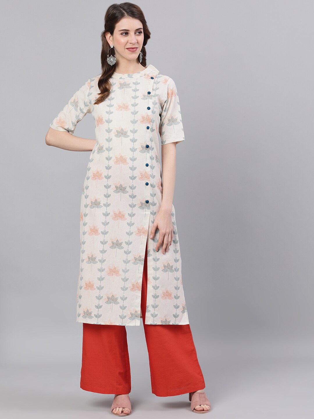 

antaran Floral Printed Angrakha Cotton Kurta, White