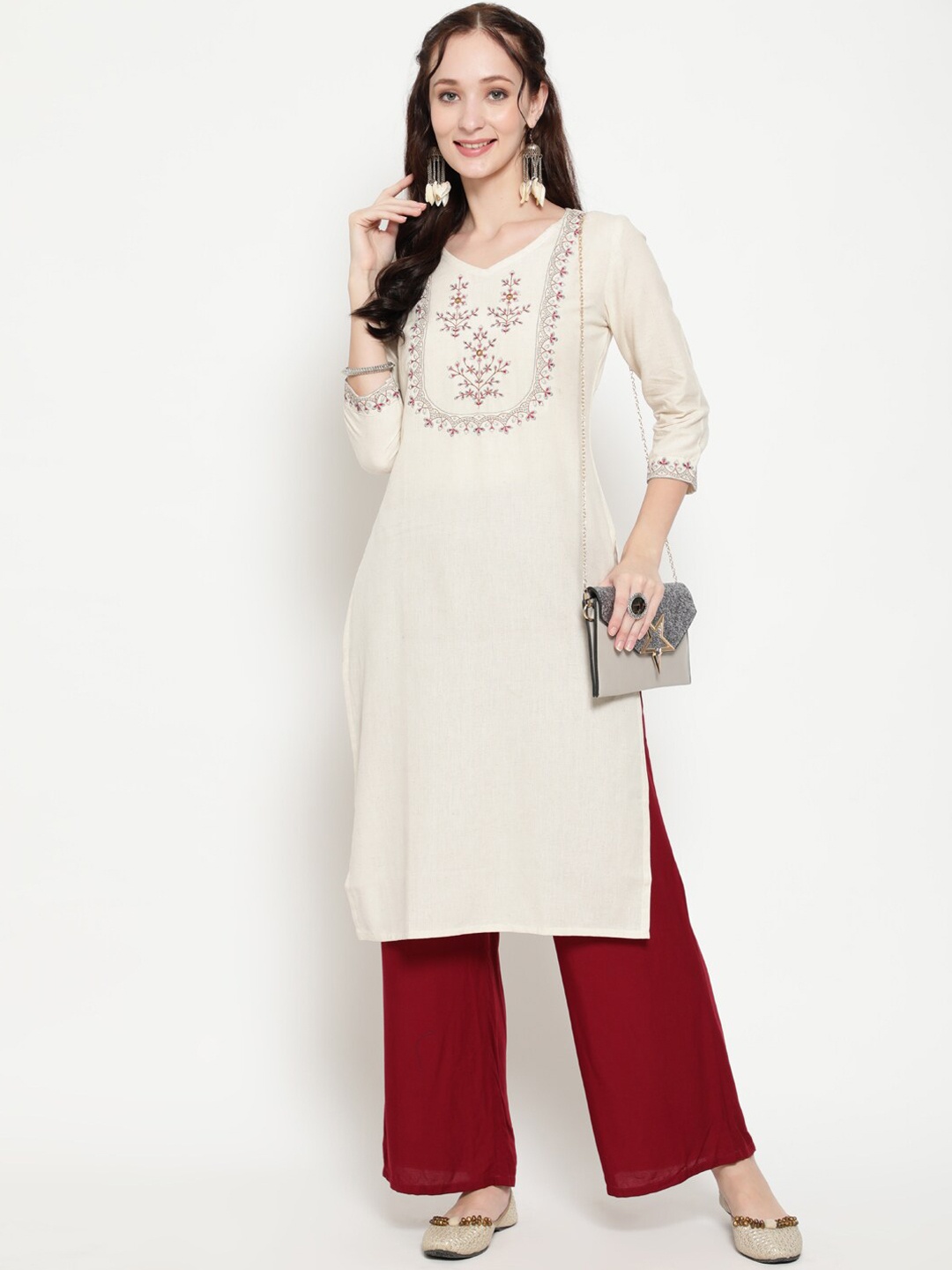 

antaran Embroidered V-Neck Mirror Work Cotton Kurta, White