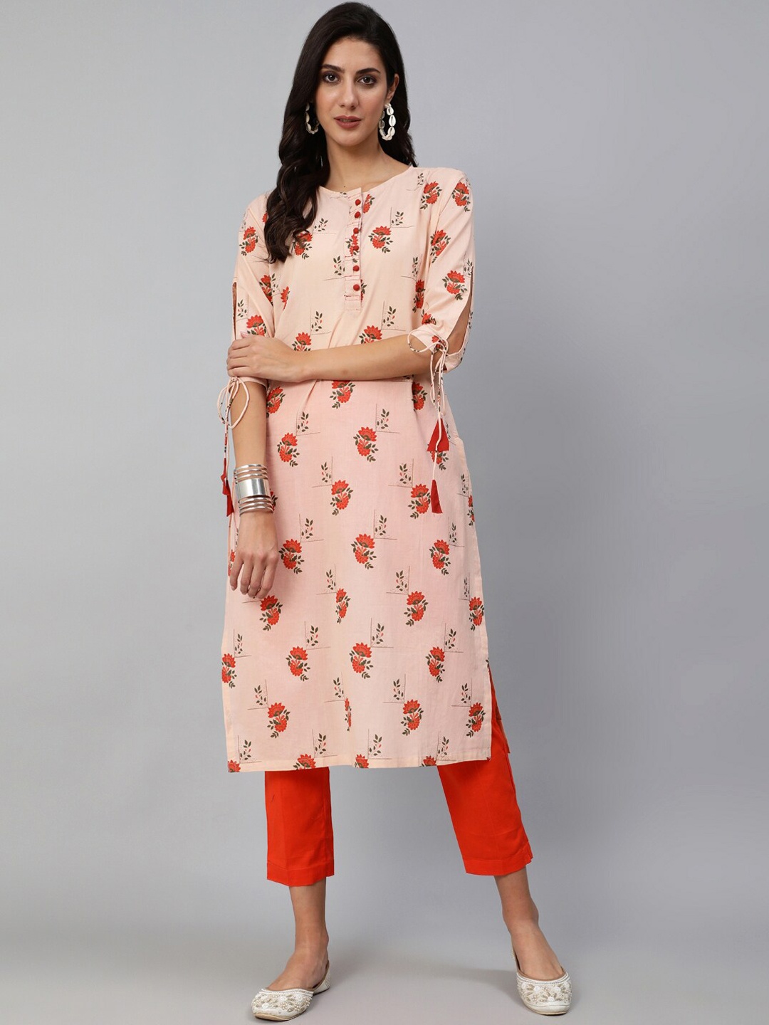 

antaran Floral Printed Silt Tie Ups Sleeves Pure Cotton Kurta, Beige