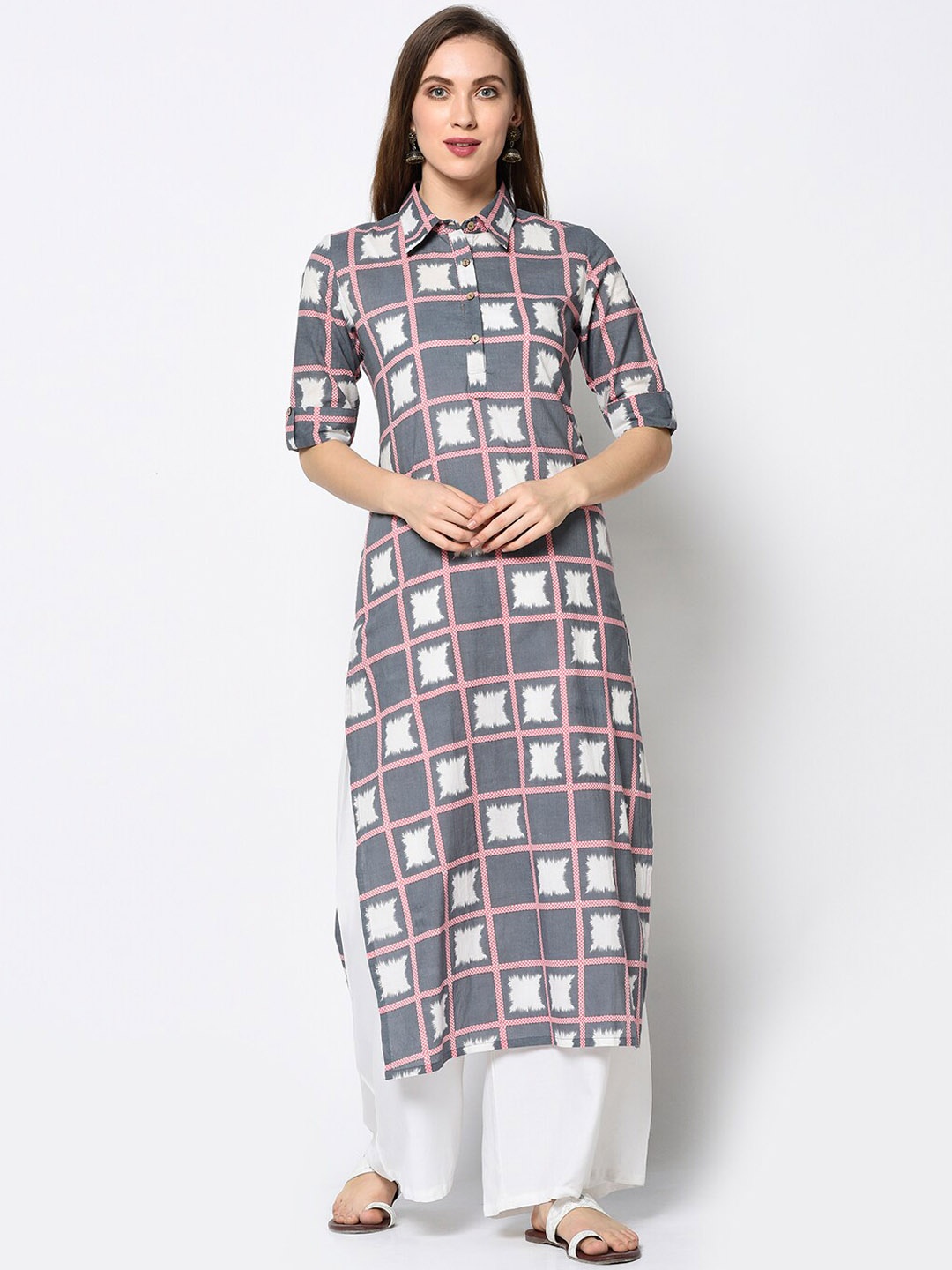 

antaran Checked Shirt Collar Roll-Up Sleeves Kurta, Grey