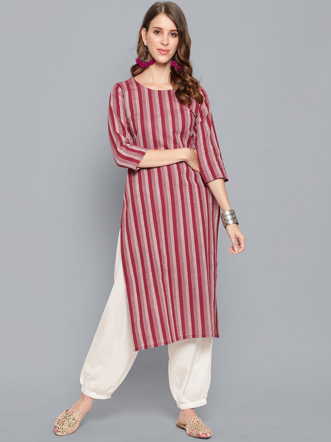 

antaran Striped Straight Pure Cotton Kurta, Maroon