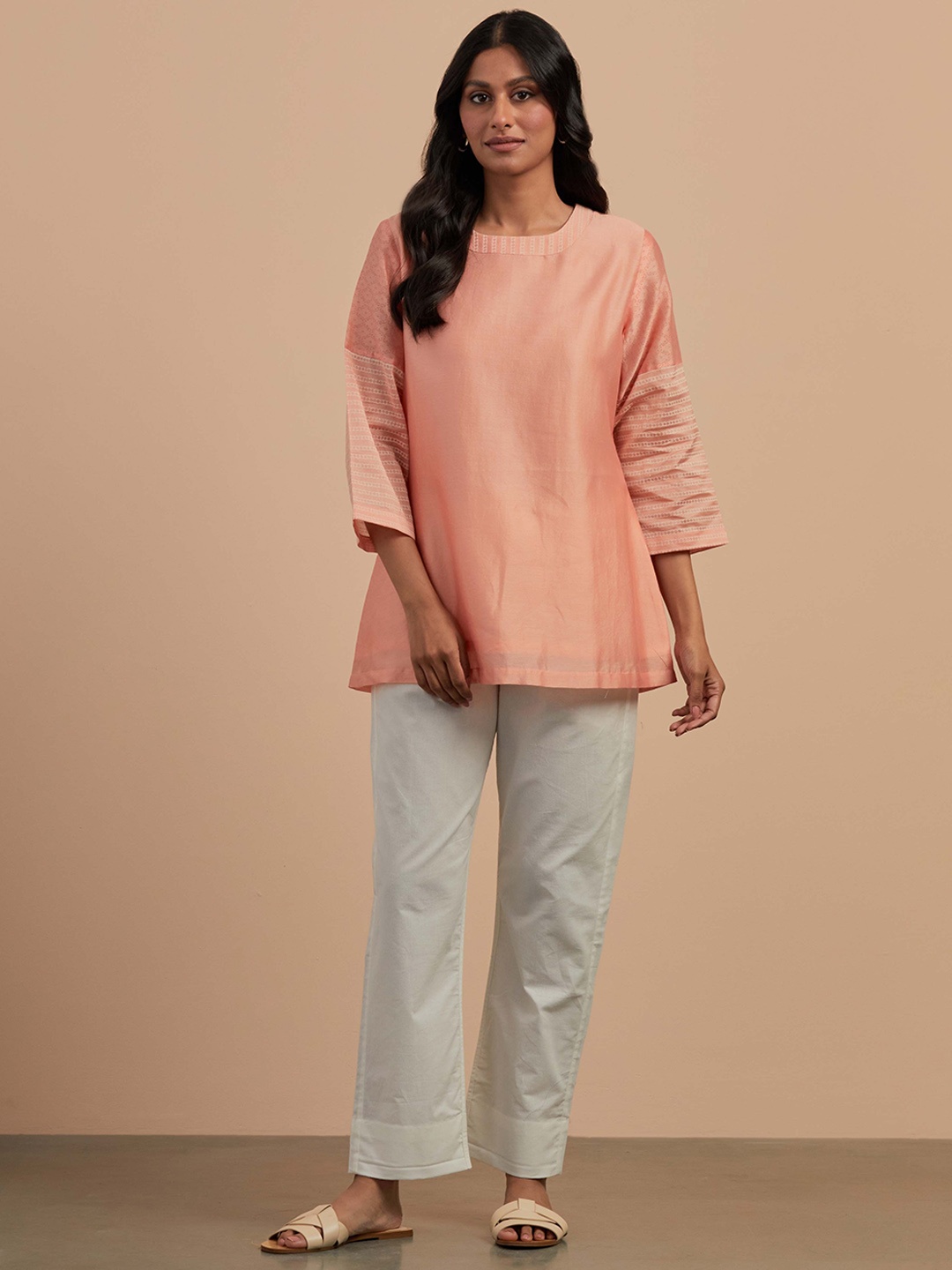 

SMRITI GUPTA Placement Printed Boat Neck Chanderi Silk Tunics, Peach