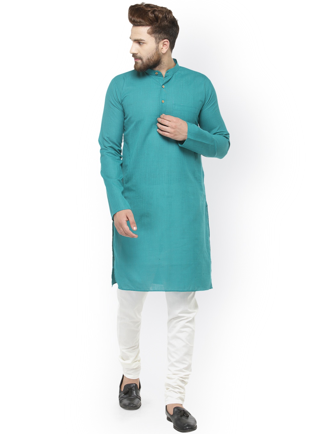 

Jompers Men Sea Green & White Solid Kurta with Churidar
