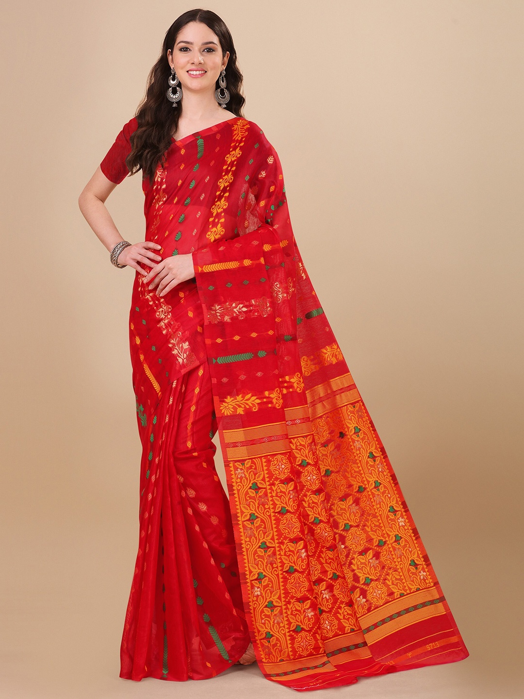 

TEREZA Ethnic Motifs Woven Design Jamdani Saree, Red