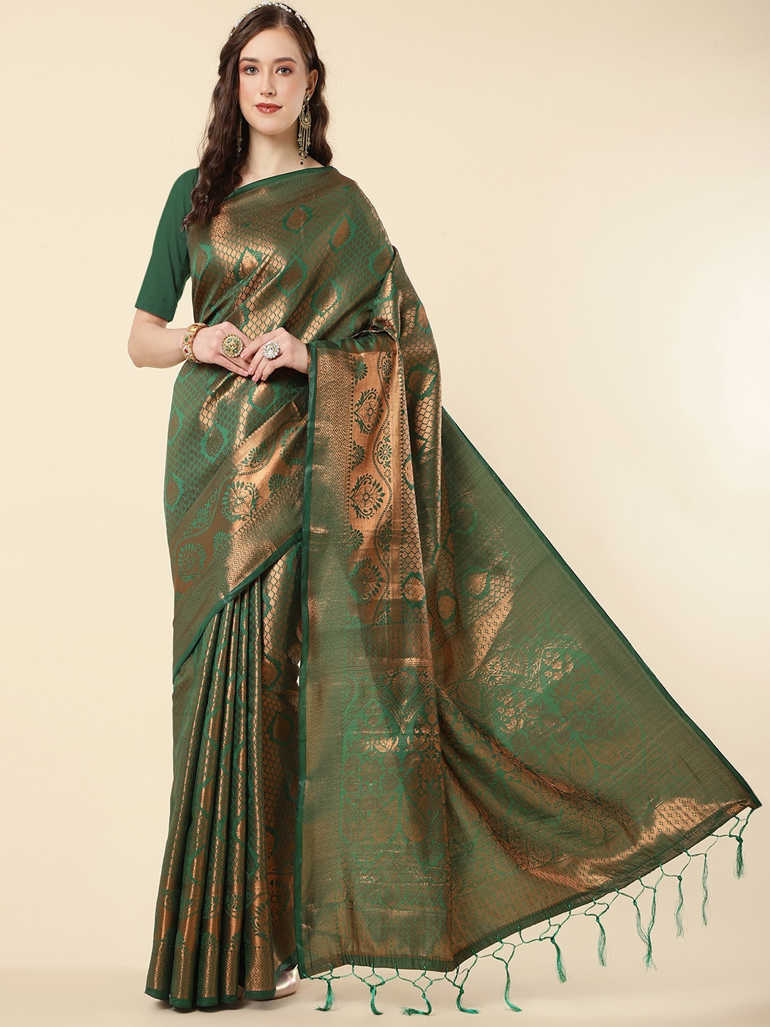 

TEREZA Floral Woven Design Zari Pure Silk Brocade Kanjeevaram Saree, Green