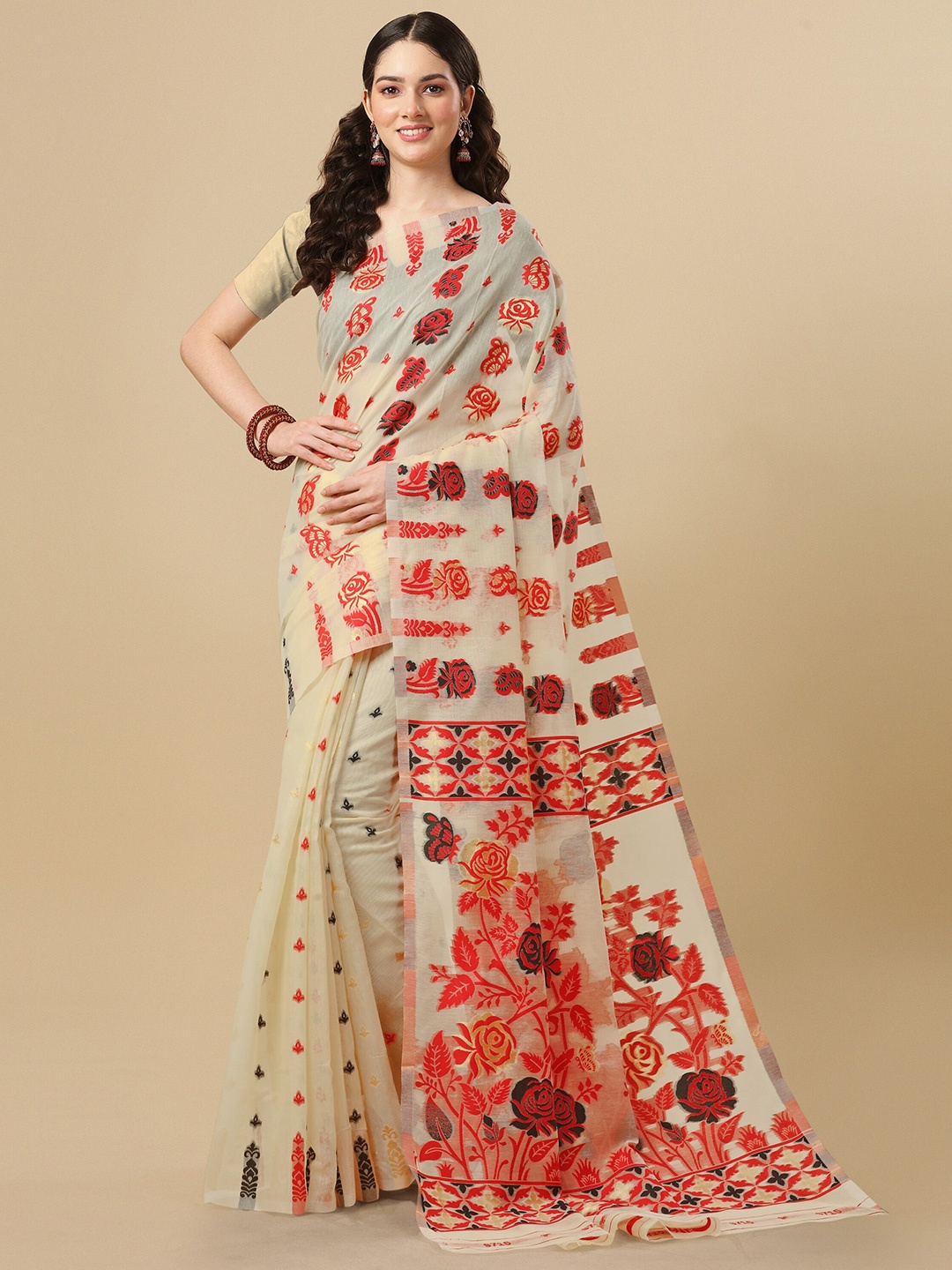 

TEREZA Floral Woven Design Jamdani Saree, Beige
