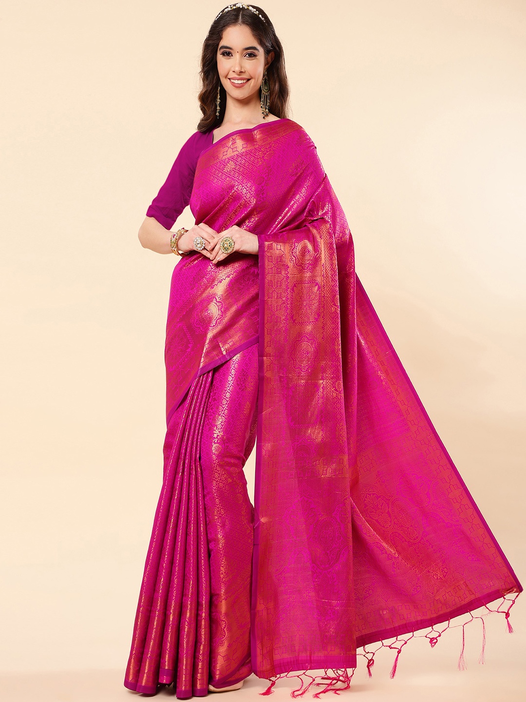 

TEREZA Ethinic Motif Zari Pure Silk Kanjeevaram Saree, Pink