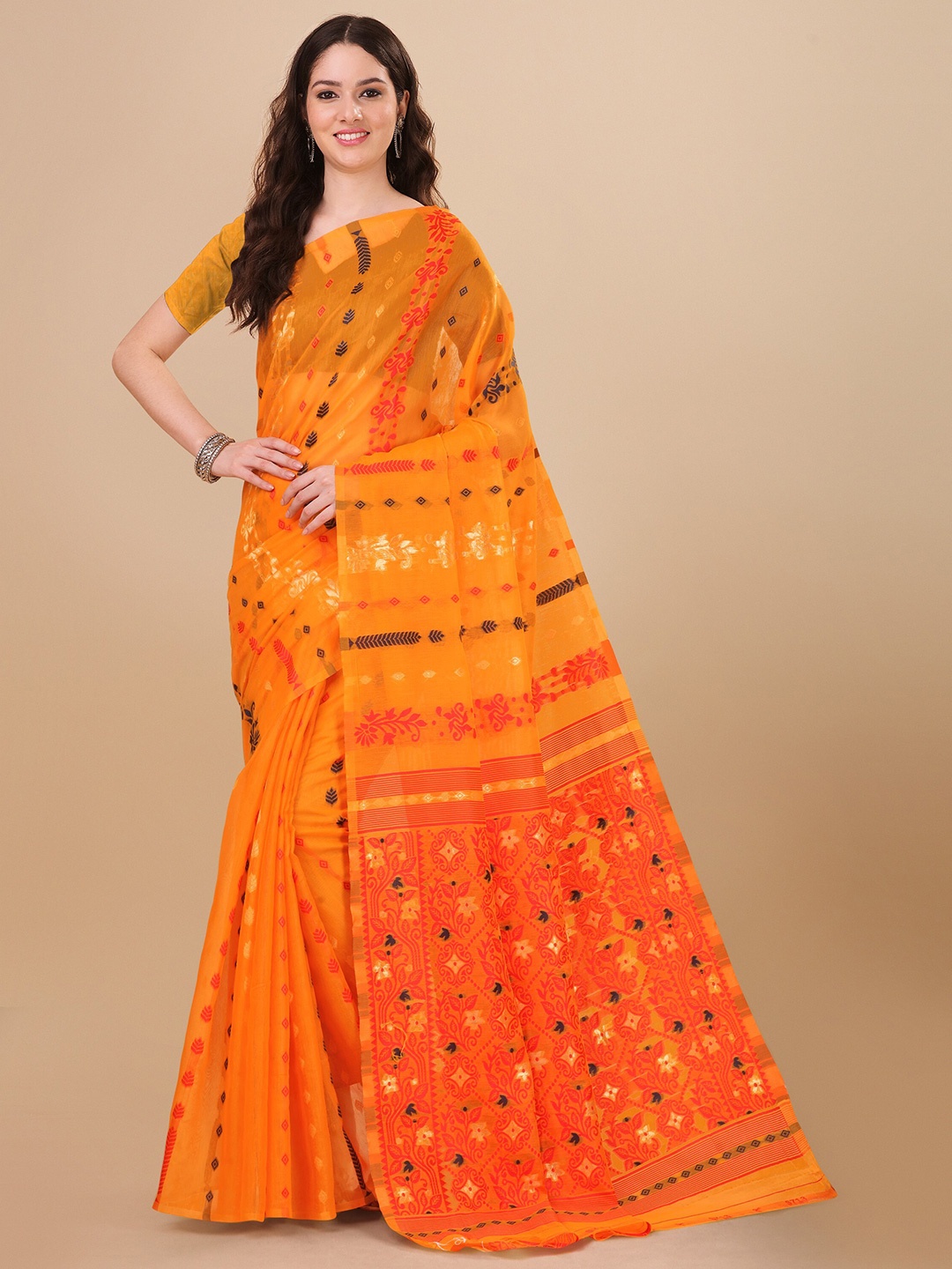 

TEREZA Ethnic Motifs Woven Design Dhakai Jamdani Saree, Mustard