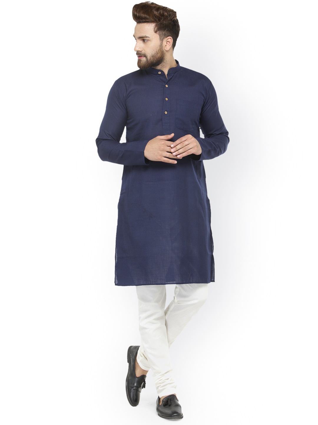 

Jompers Men Navy & White Solid Kurta with Churidar, Navy blue