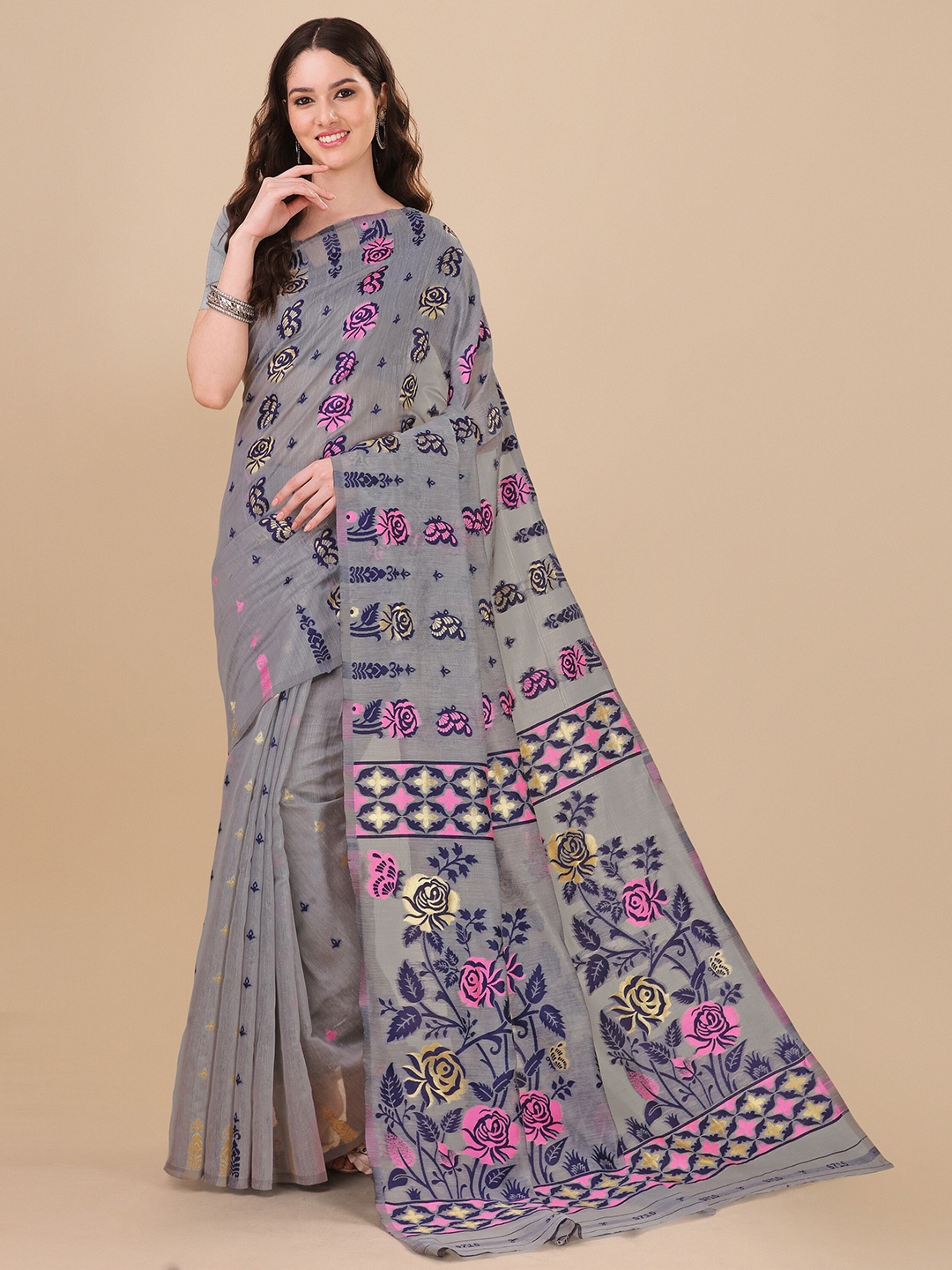 

TEREZA Floral Jamdani Saree, Grey