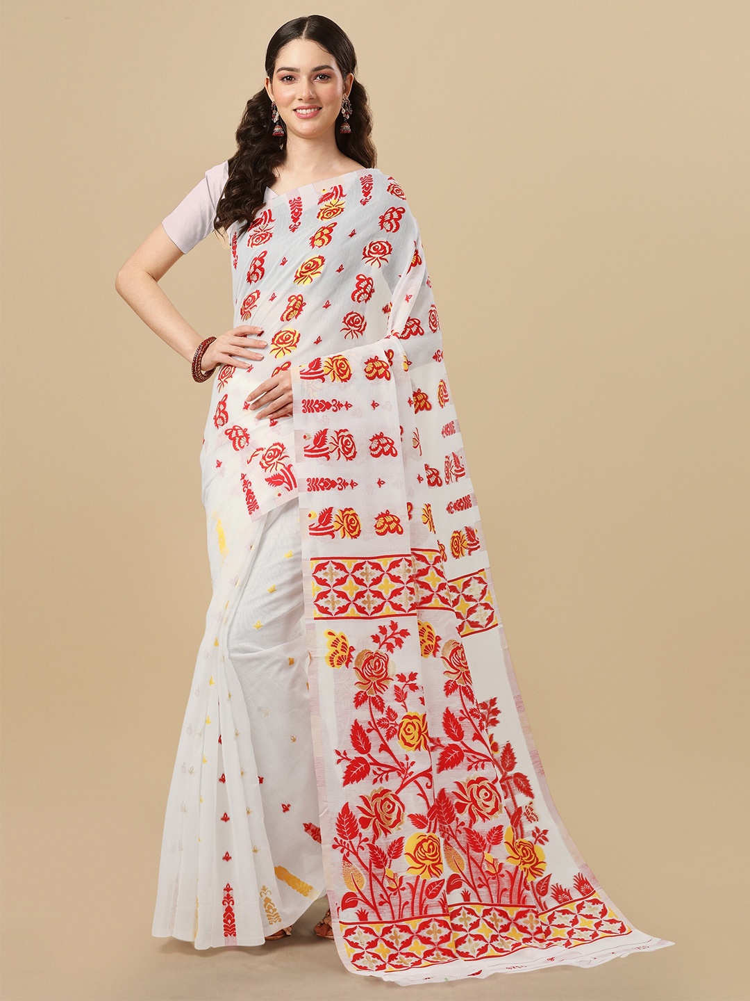 

TEREZA Floral Motif Woven Design Jamdani Saree, White