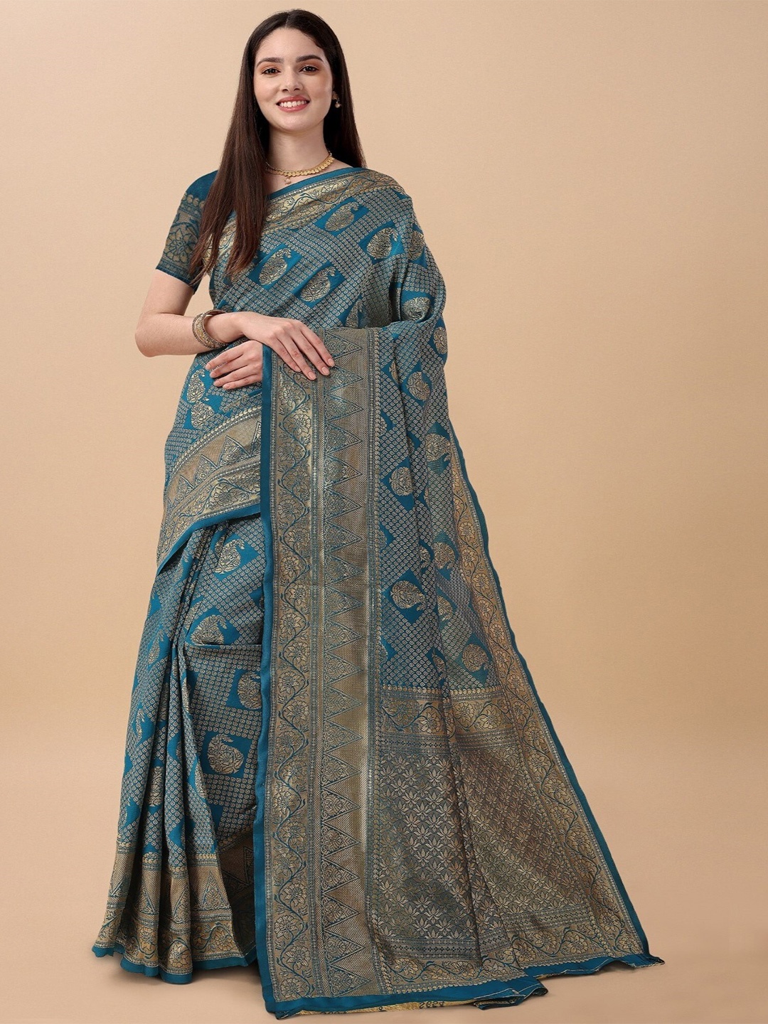 

TEREZA Paisley Woven Design Zari Pure Silk Kanjeevaram Saree, Teal