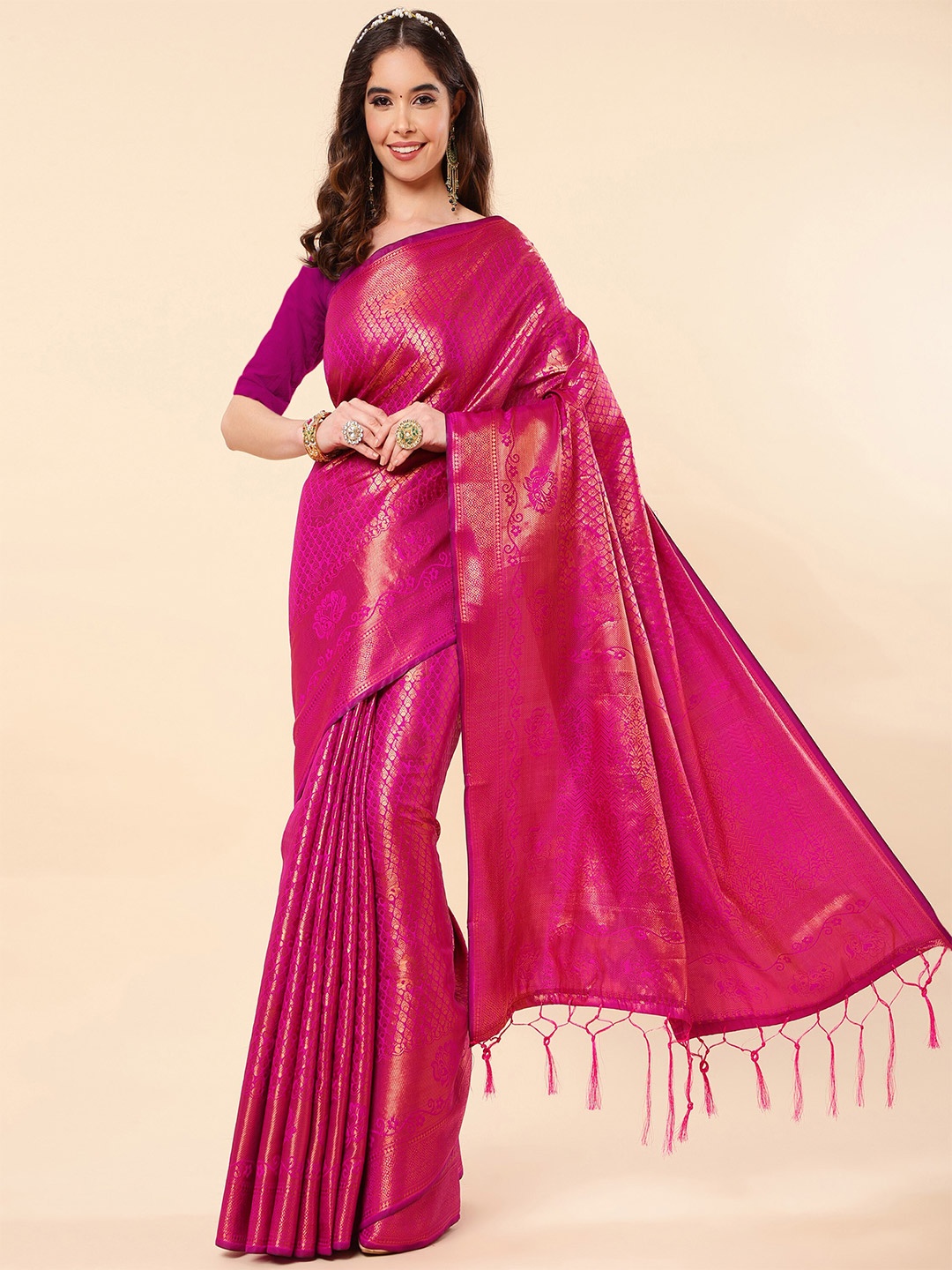 

TEREZA Ethnic Woven Design Zari Pure Silk Kanjeevaram Saree, Pink