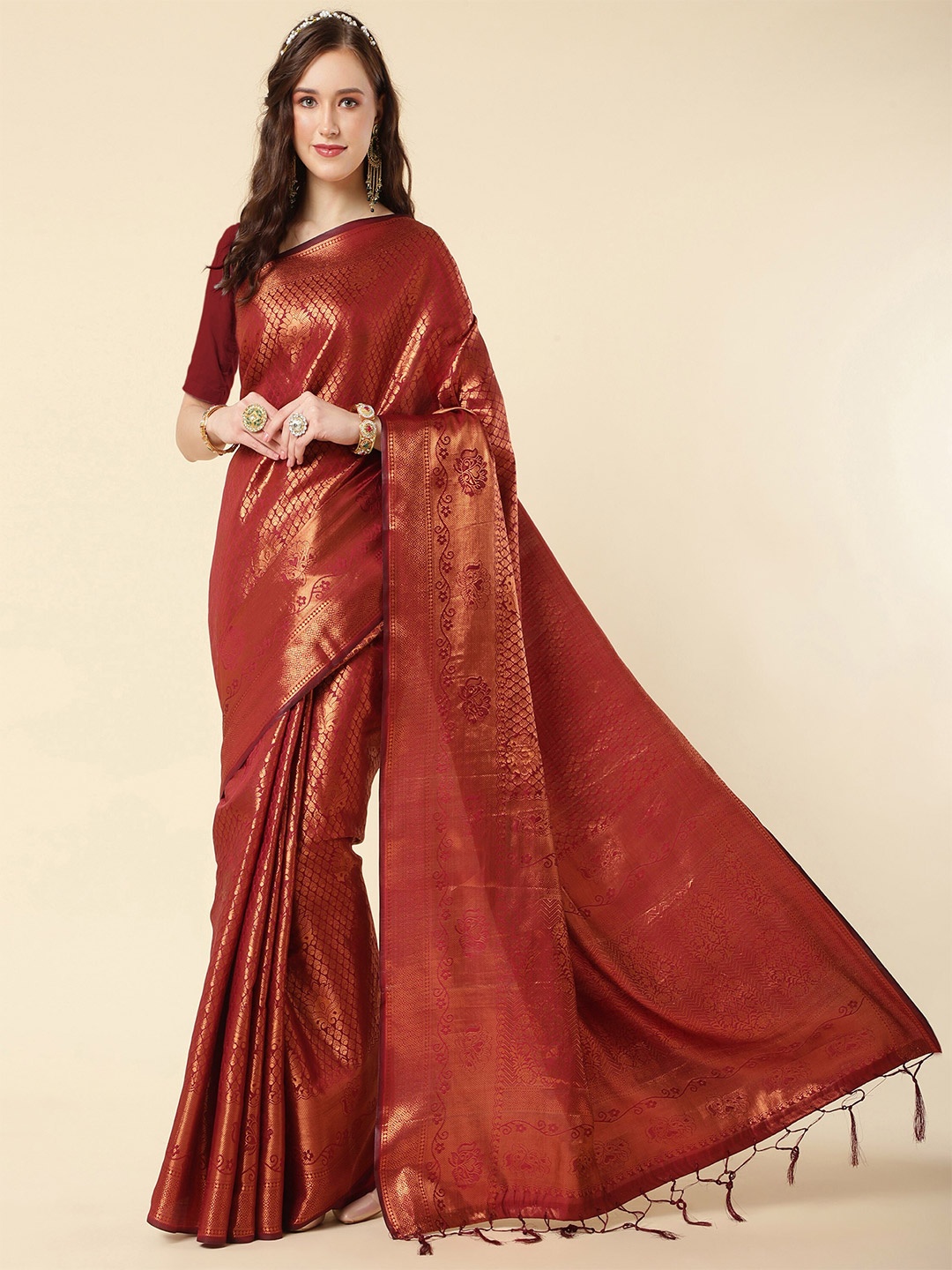 

TEREZA Ethnic Motif Zari Pure Silk Kanjeevaram Saree, Maroon