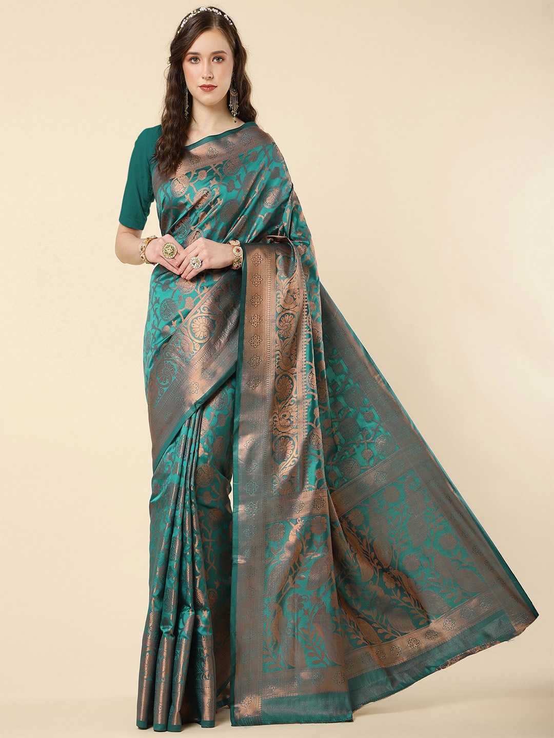 

TEREZA Ethnic Motif Woven Design Zari Pure Silk Kanjeevaram Saree, Turquoise blue