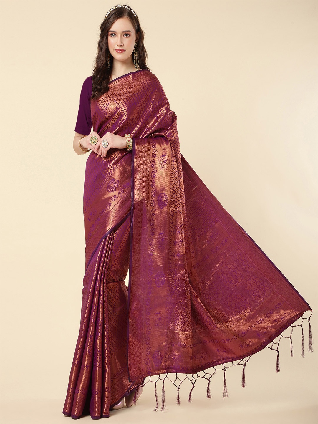 

TEREZA Ethnic Motifs Woven Design Zari Pure Silk Kanjeevaram Saree, Purple