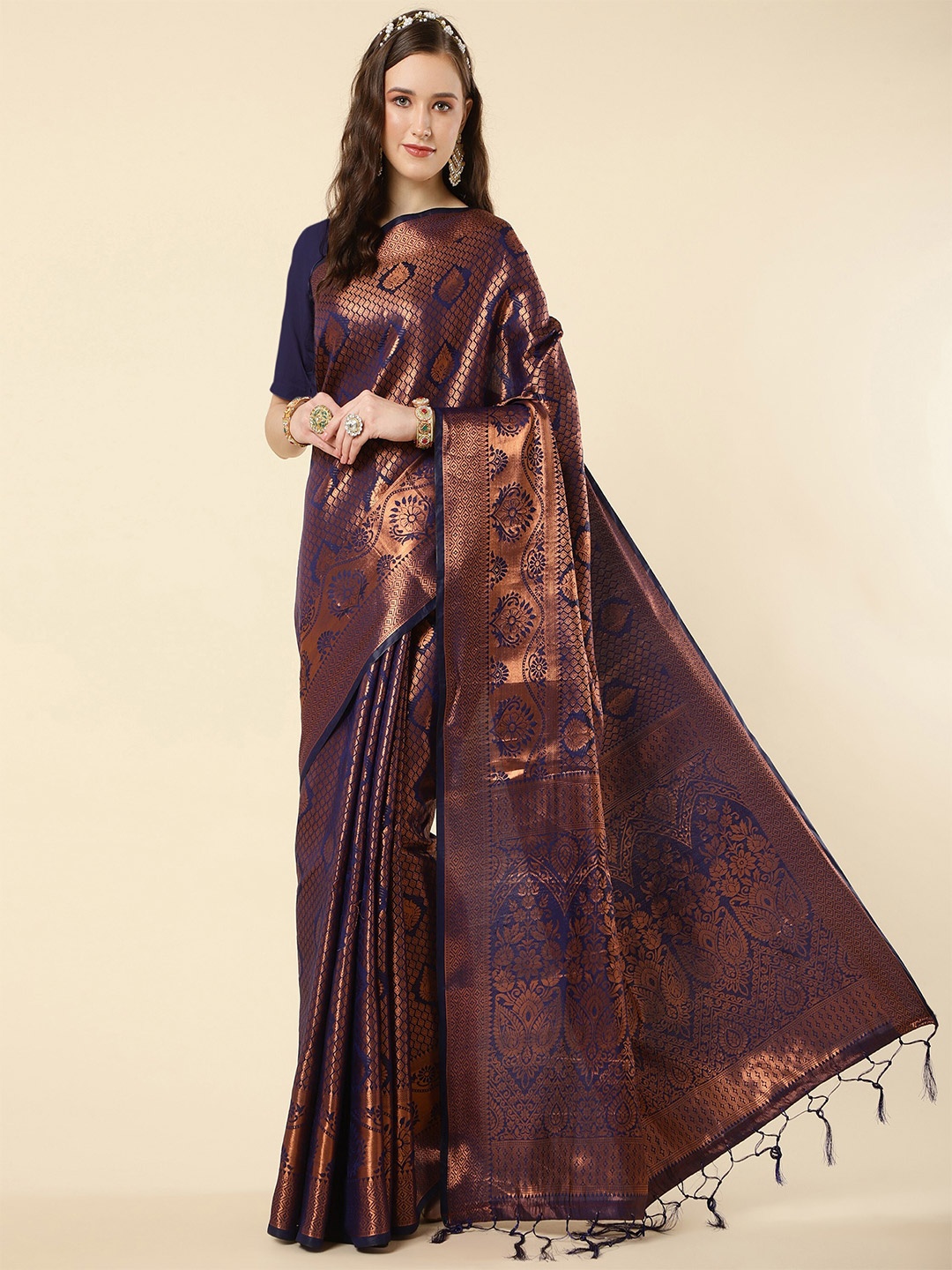 

TEREZA Ethnic Motif Woven Design Zari Pure Silk Kanjeevaram Saree, Navy blue