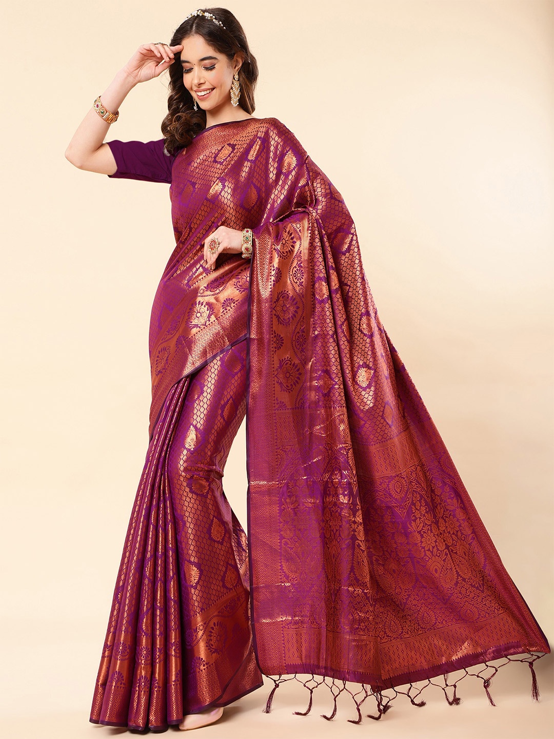 

TEREZA Floral Woven Design Zari Pure Silk Kanjeevaram Saree, Purple