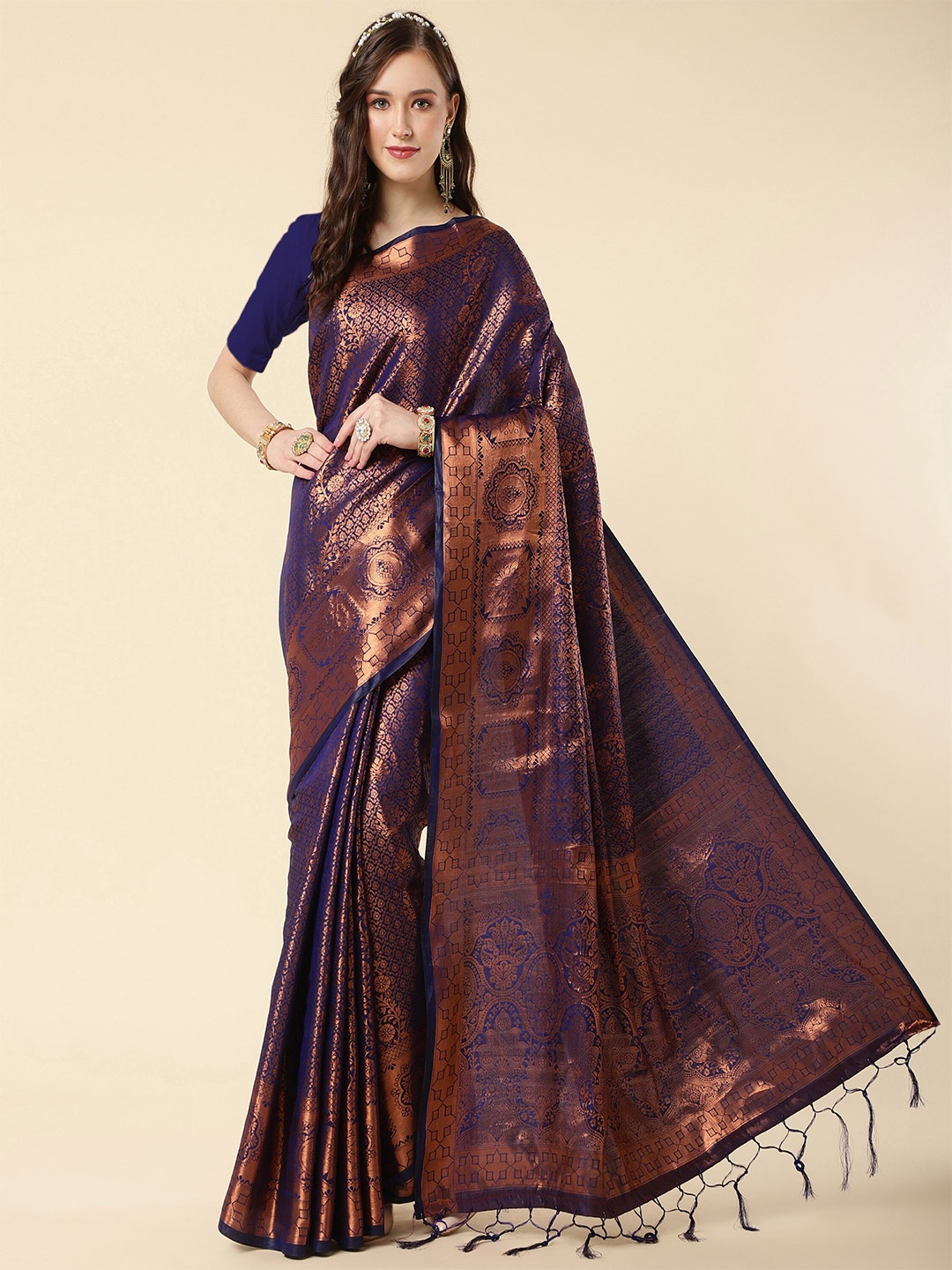 

TEREZA Ethnic Motifs Woven Design Zari Pure Silk Kanjeevaram Saree, Navy blue