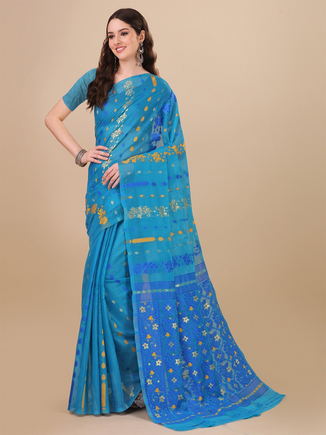 

TEREZA Ethnic Motifs Woven Design Dhakai Jamdani Saree, Turquoise blue