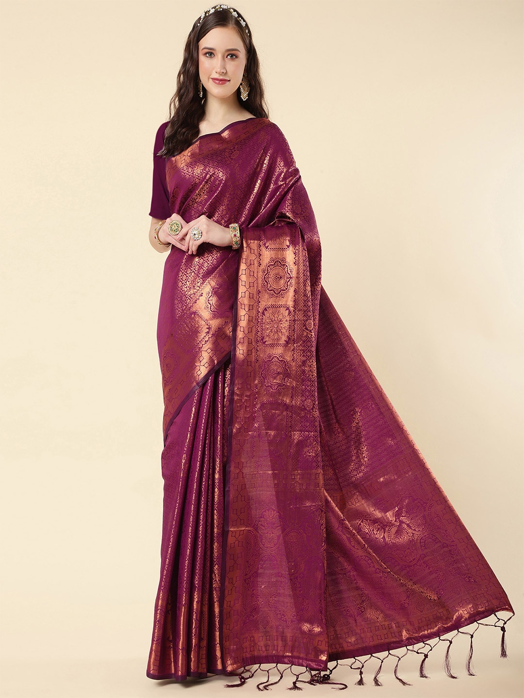 

TEREZA Ethnic Motif Woven Design Zari Pure Silk Kanjeevaram Saree, Purple
