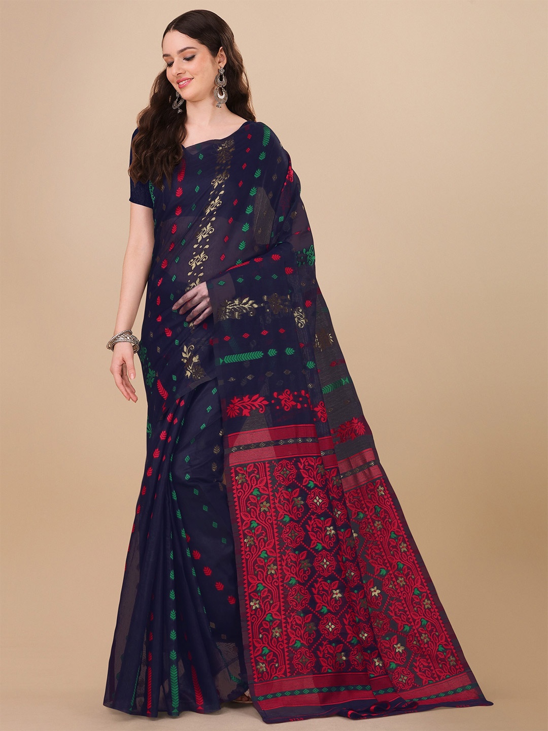 

TEREZA Ethnic Motifs Jamdani Saree, Navy blue
