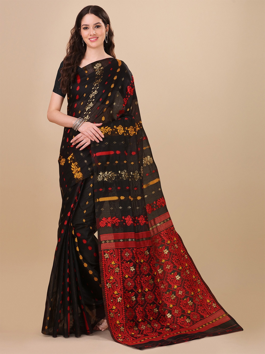 

TEREZA Ethnic Woven Design Jamdani Saree, Black