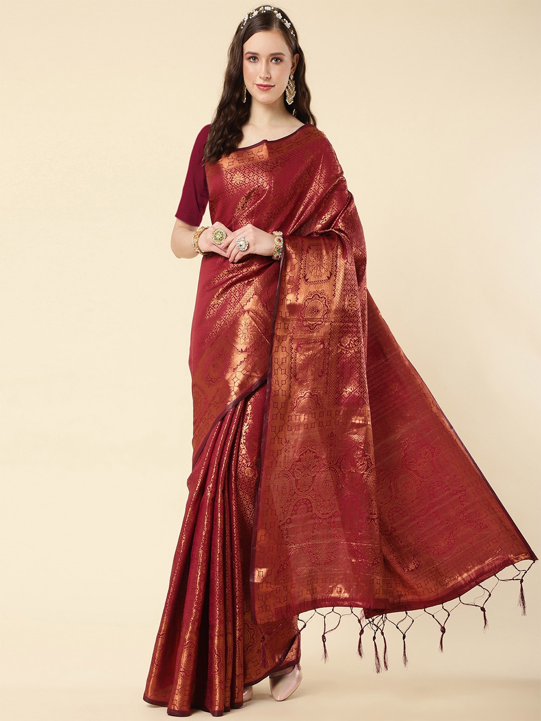 

TEREZA Ethnic Motifs Woven Design Zari Pure Silk Kanjeevaram Saree, Maroon