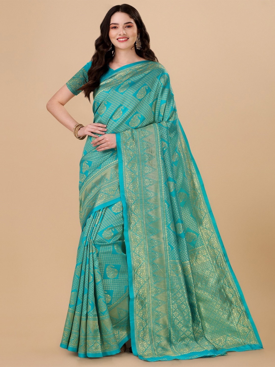 

TEREZA Ethnic Motifs Woven Design Zari Pure Silk Kanjeevaram Saree, Turquoise blue