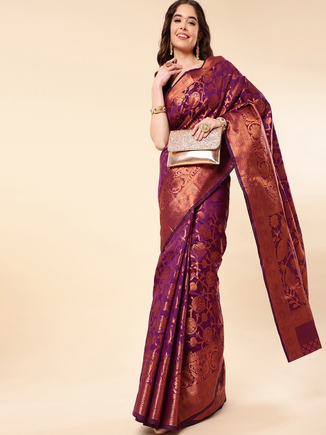

TEREZA Ethnic Motif Woven Design Zari Pure Silk Kanjeevaram Saree, Purple
