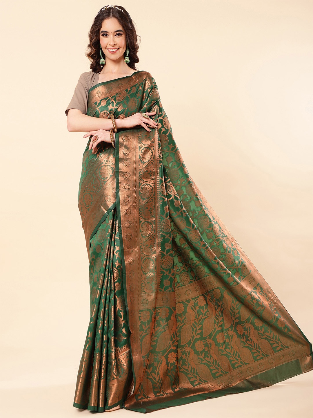 

TEREZA Floral Woven Design Zari Pure Silk Kanjeevaram Saree, Green