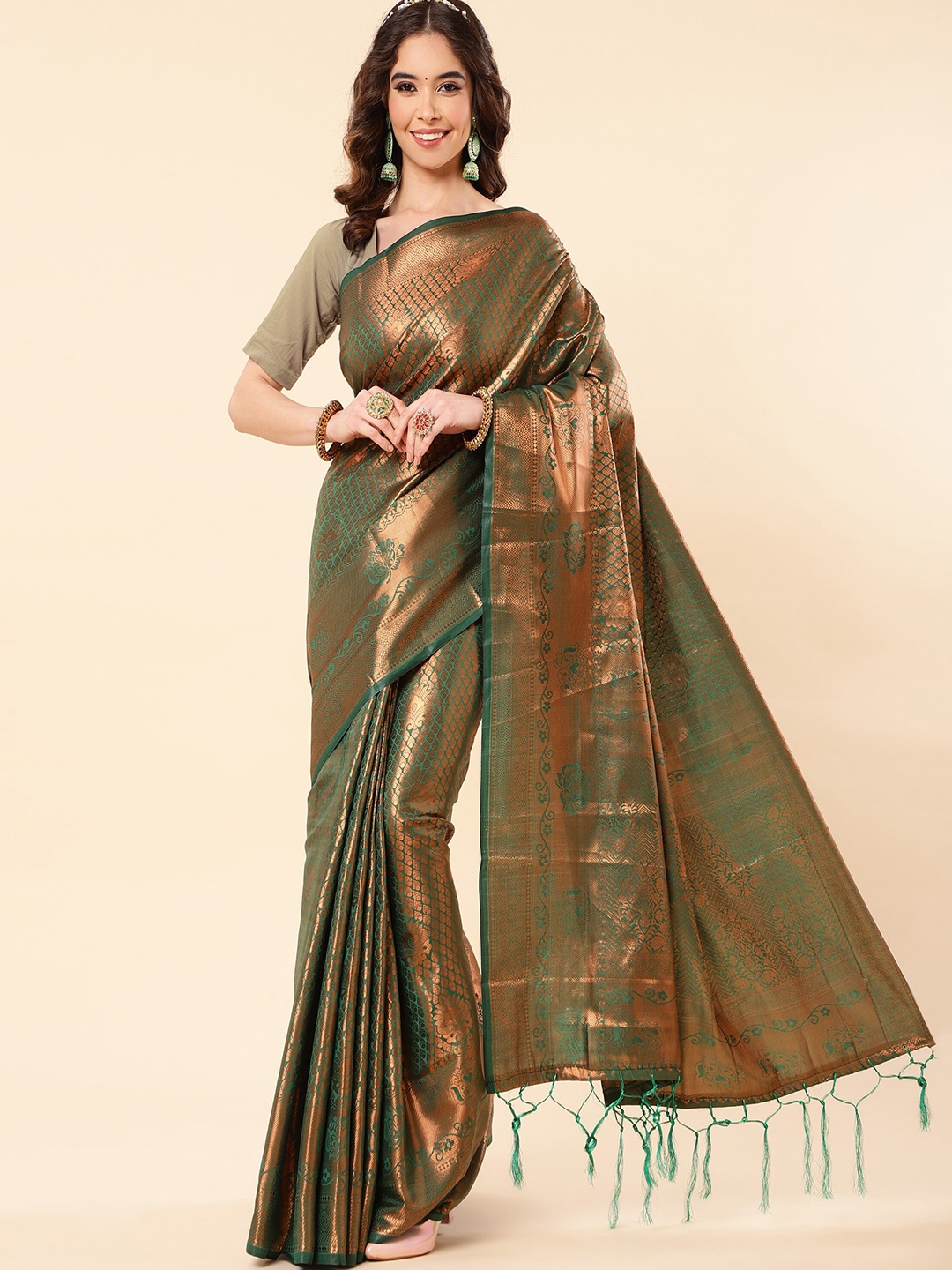 

TEREZA Floral Woven Design Zari Pure Silk Brocade Kanjeevaram Saree, Green
