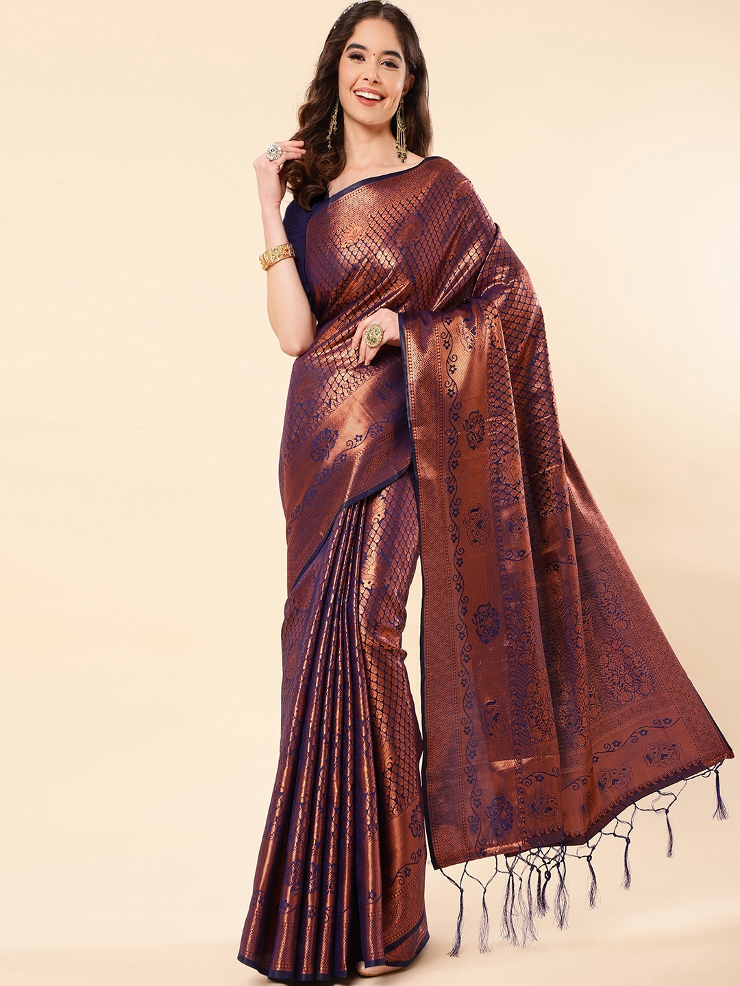

TEREZA Floral Woven Design Zari Pure Silk Brocade Kanjeevaram Saree, Navy blue