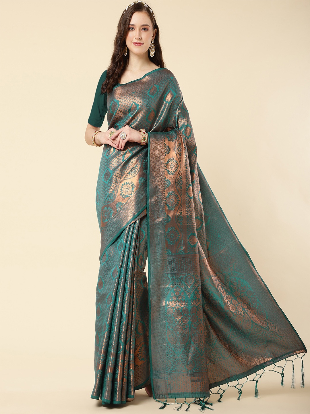 

TEREZA Ethnic Motifs Woven Design Zari Pure Silk Kanjeevaram Saree, Turquoise blue