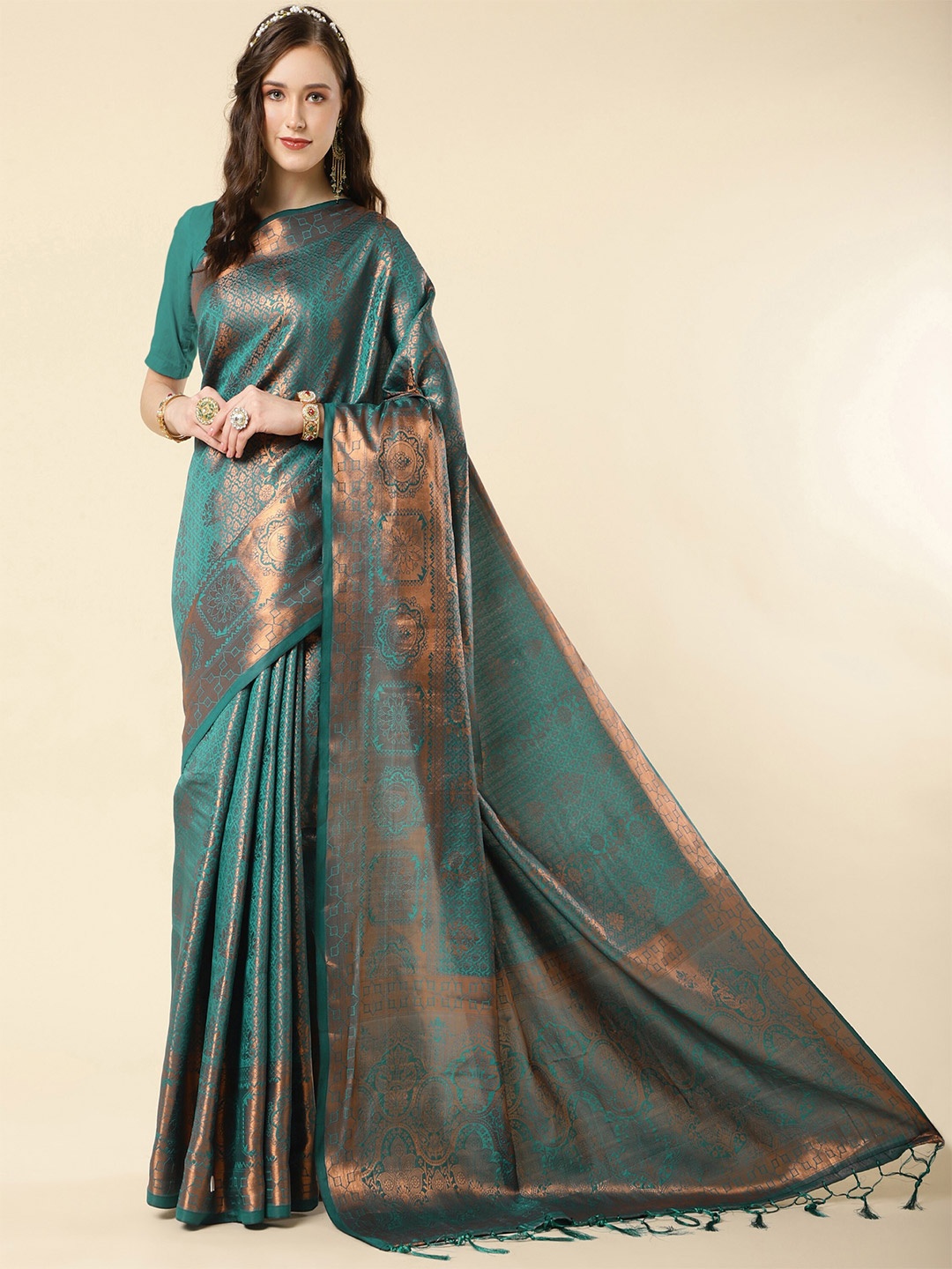 

TEREZA Ethnic Motifs Woven Design Zari Pure Silk Kanjeevaram Saree, Turquoise blue