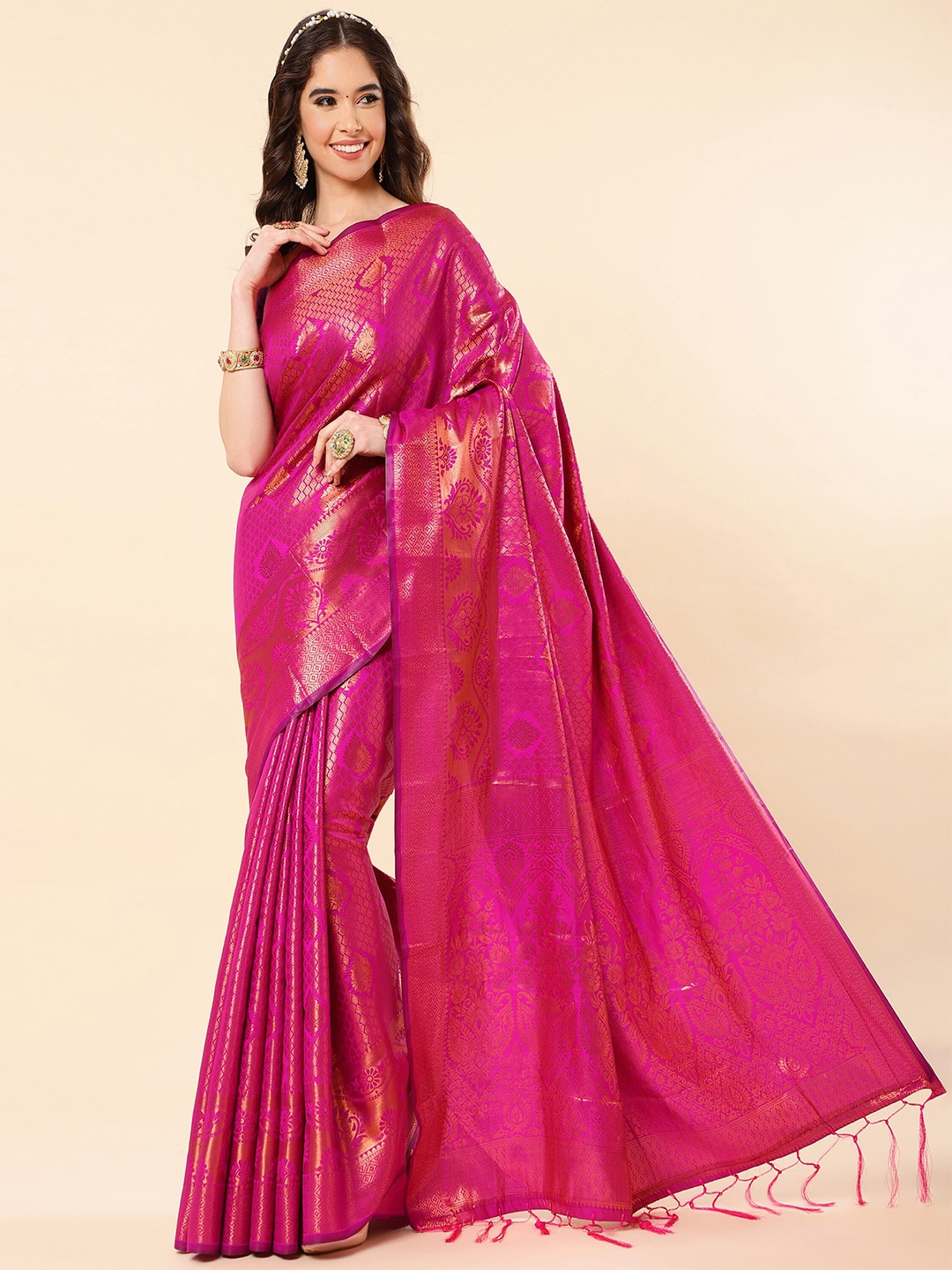 

TEREZA Ethnic Motif Zari Pure Silk Kanjeevaram Saree, Pink