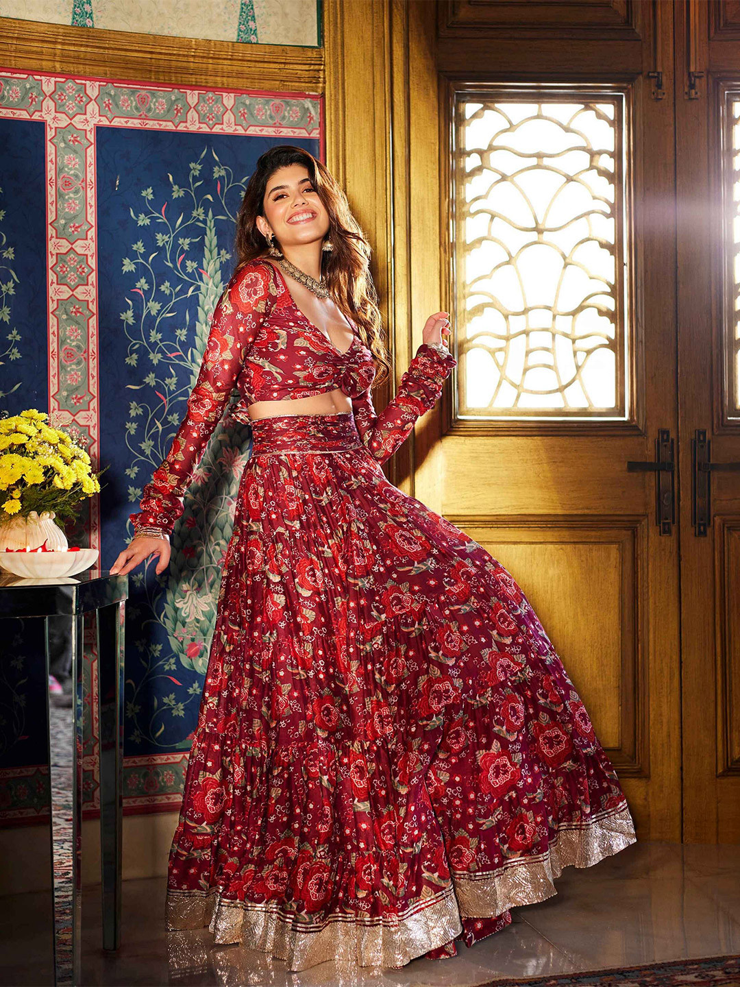 

AACHHO Ethnic Motifs Printed Lehenga & Blouse With Dupatta, Maroon
