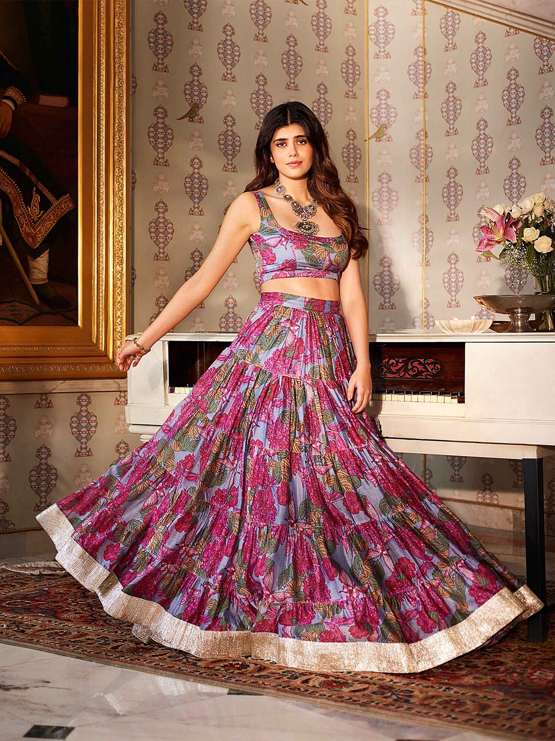 

AACHHO Ethnic Motifs Printed Lehenga & Blouse With Dupatta, Blue