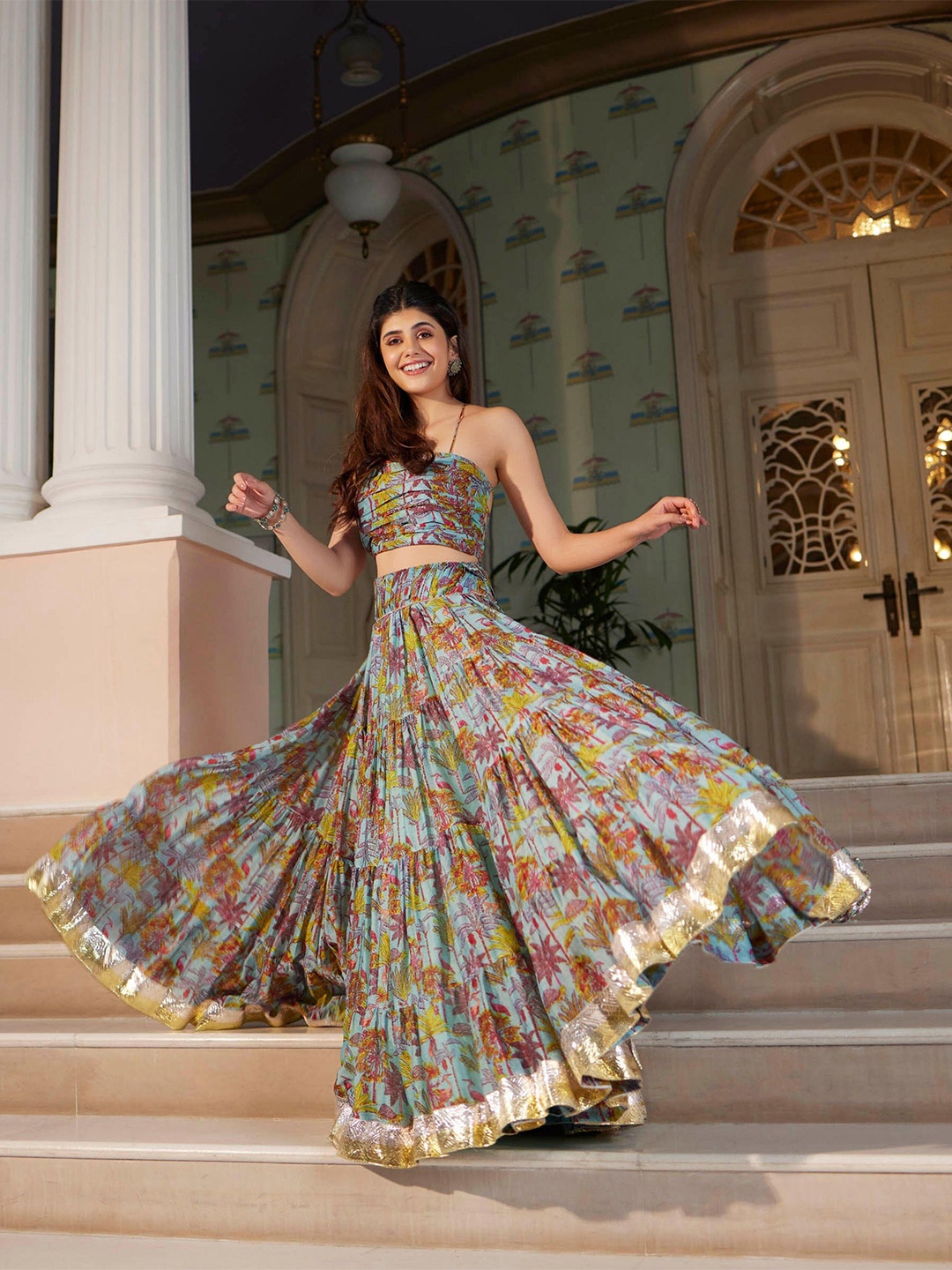 

AACHHO Printed Ready to Wear Lehenga & Blouse With Dupatta, Blue