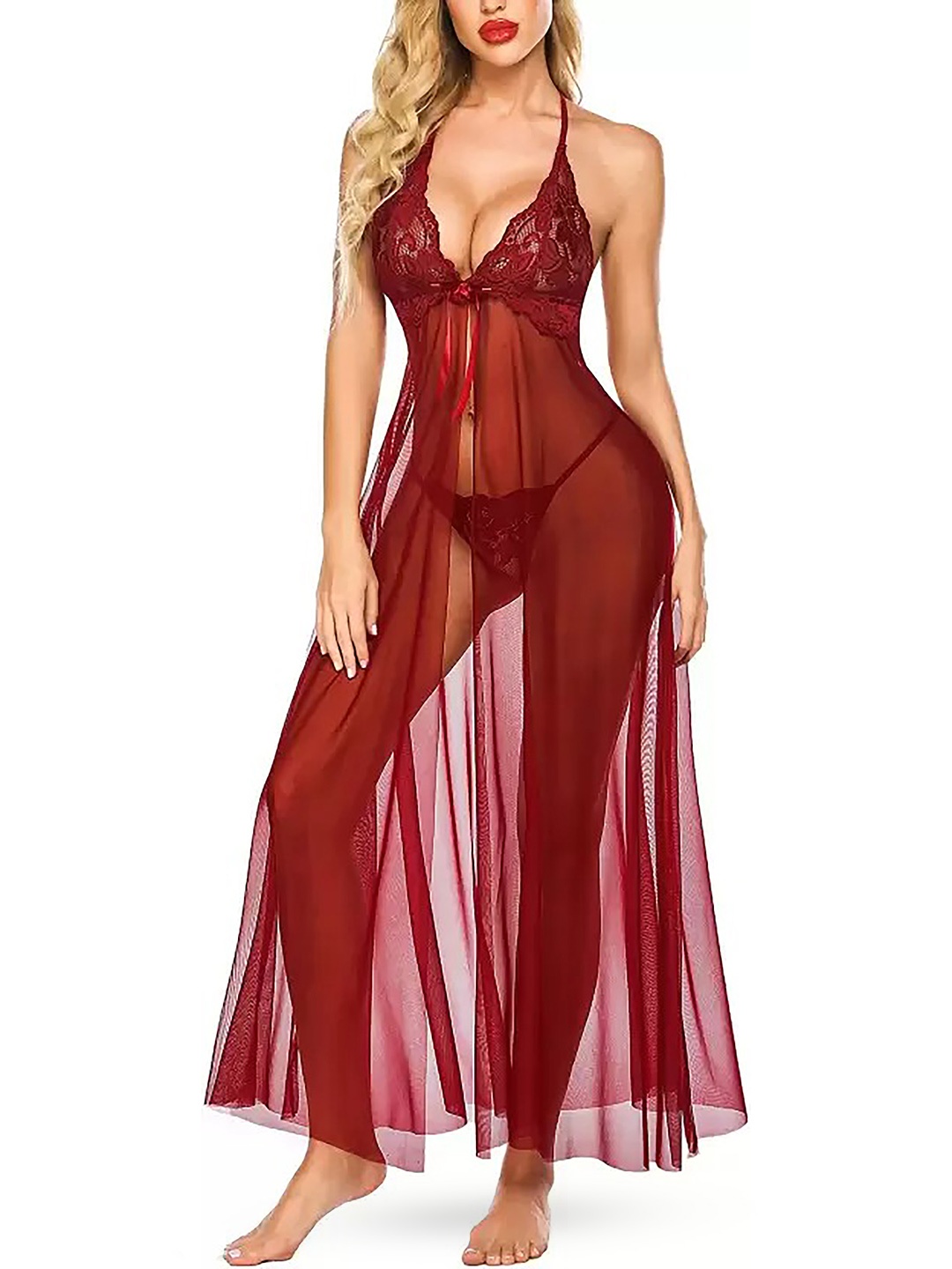 

AROUSY Self Design Shoulder Strap Net Baby Doll, Maroon