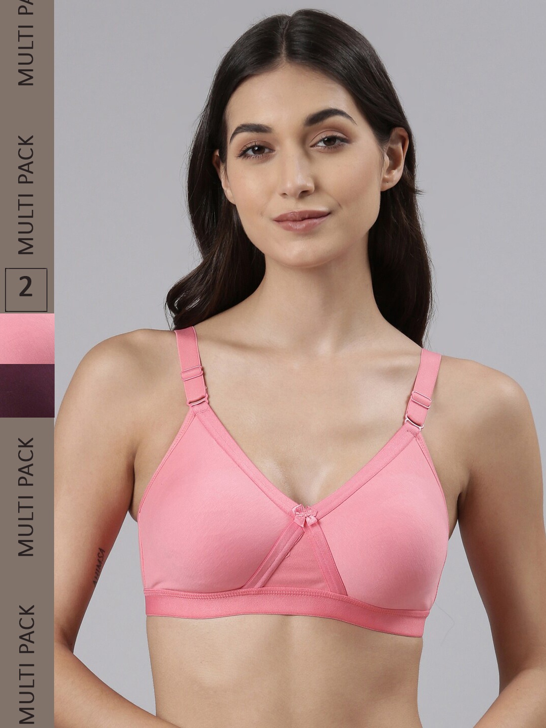 

Dollar Missy Pack of 2 Cotton Wire-Free Crossover Support Bra DES-1151-R3-SLR-PRP-PO2, Pink