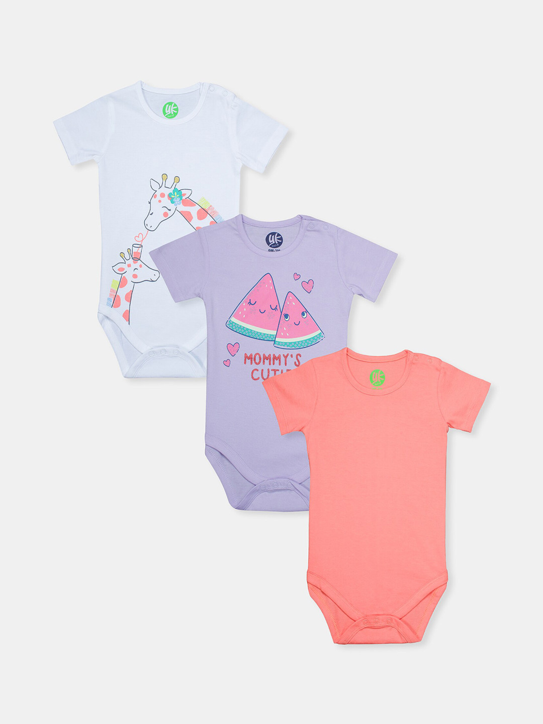 

YK Girls Pack Of 3 Printed Pure Cotton Rompers, Multi